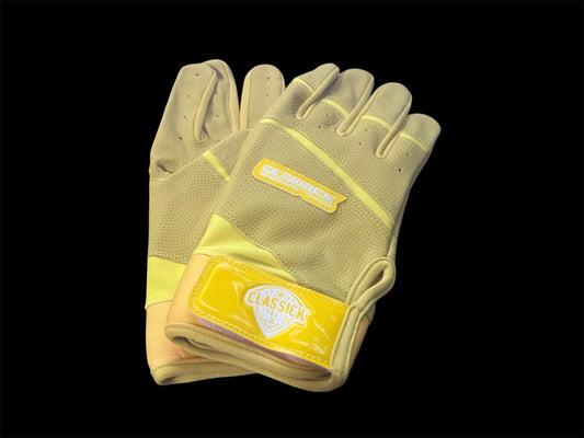 Clutch Pro Yellow white logo batting gloves