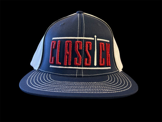 Navy Blue Mesh Fitted Hat – White & Red Logo
