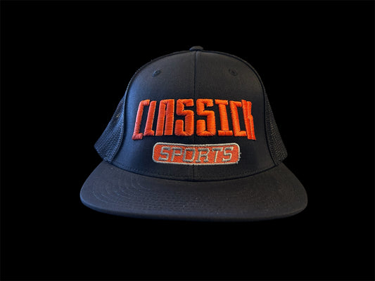 Black Mesh Fitted Hat – Orange & Silver Stitching