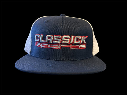Navy & White Snapback – Grey & Red Logo Edition